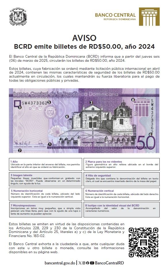 SANTO DOMINGO, Miércoles 05 De Marzo 2025.- El Banco Central de la República Dominicana (BCRD) informa que a partir del jueves seis (06) de marzo de 2025, circularán los billetes de RD$50.00, año 2024.