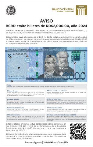 El Banco Central de la República Dominicana (BCRD) informa que a partir del lunes 12 de mayo de 2025, circularán los billetes de RD$2,000.00, año 2024.