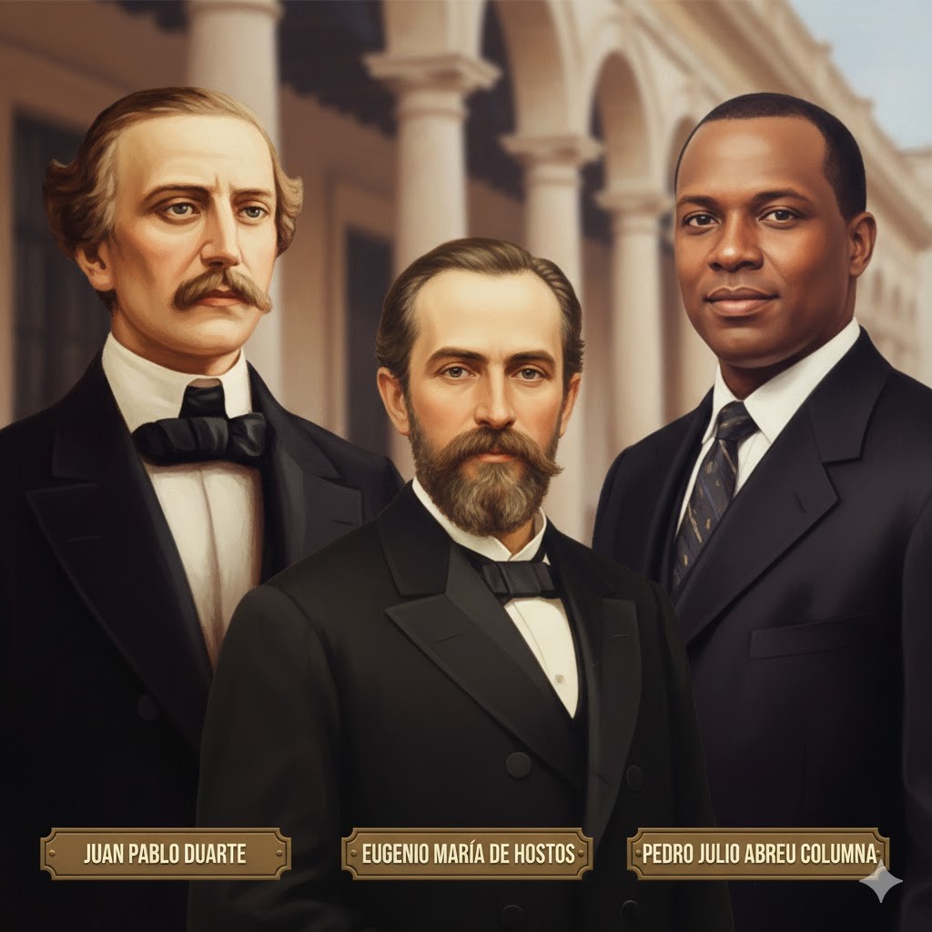 JUAN PABLO DUARTE, EUGENIO MARÍA DE HOSTOS Y PEDRO JULIO ABREU COLUMNA EN ESPAÑA